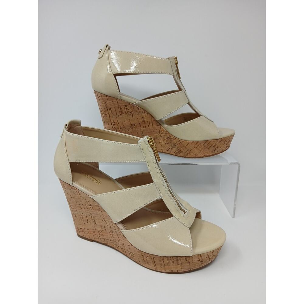 Michael Kors Damita Iconic Gold Zipper Nude Cork Wedges Women’s US Size 7.5M - Picture 4 of 16